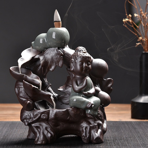 精品哥窑五福临门倒流香炉檀香塔香薰炉创意紫砂陶瓷和尚香道摆件