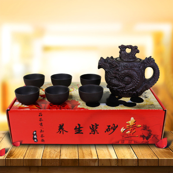 特价富硒养生茶具一壶六杯七件套龙凤程祥紫砂茶具套装会销礼品