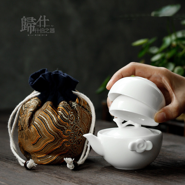 归什 德化白瓷快客杯一壶二杯旅行便携功夫茶具陶瓷茶壶茶杯套装