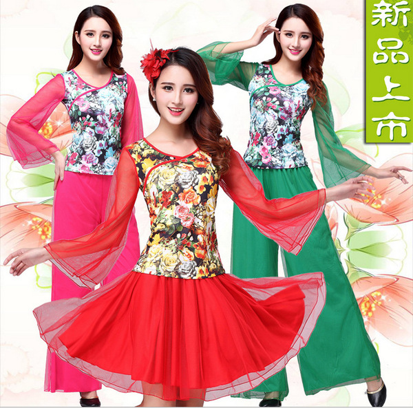2018新款广场舞服装舞蹈服中国风唯美舞蹈服花布网纱袖套装汉服