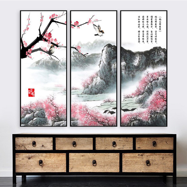 新中式中国风装饰画巨幅组合水墨画风景竖玄关书房禅意山水背景墙