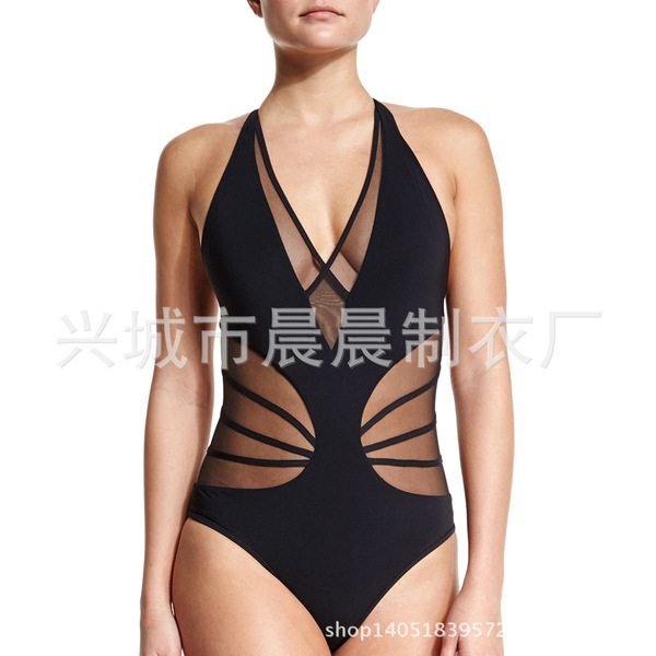晨晨制衣2017新款欧美连体泳衣 性感纯色网纱压杠比基尼女游泳衣